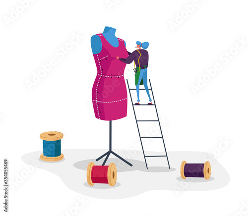 Apparel or Fashion Designer Character Projecting Garment on Huge Mannequin. Tiny Tailor Master Sewing Clothes. Dressmaking Hobby, Sewer Profession, Creative Occupation. Cartoon Vector Illustration