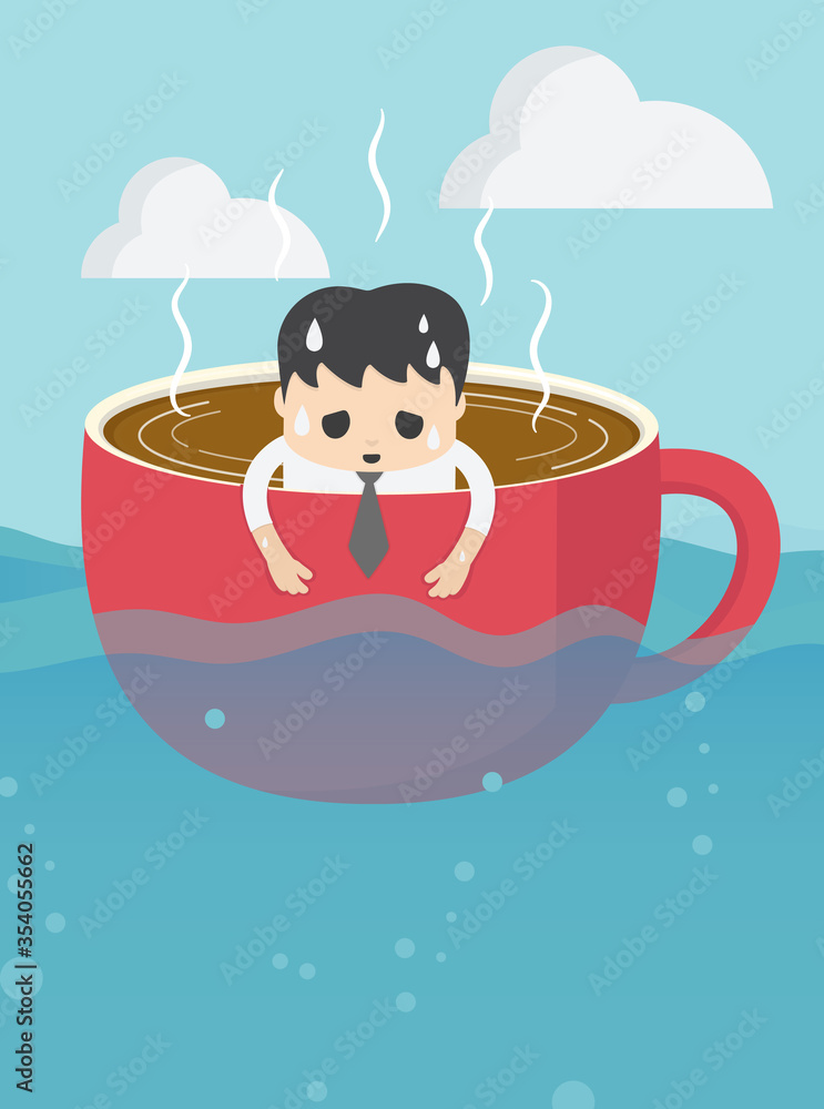 Naklejka premium businessman tired in cup of coffee in vast sea with a tired expression showing his overwork