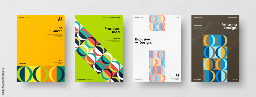 Fototapeta premium Company identity brochure template collection. Business presentation vector A4 vertical orientation front page mock up set. Corporate report cover abstract geometric illustration design layout bundle.