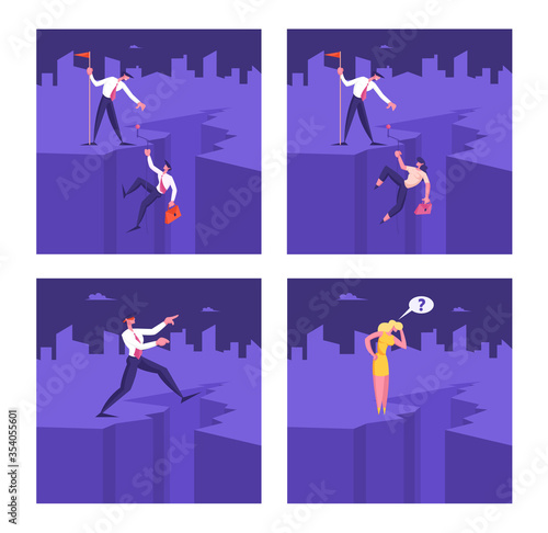 Set of Male and Female Business People Characters Climbing on Top of Mountain with Help of Colleagues, Man and Woman Stand near Deep Abyss Isolated on White Background. Cartoon Vector Illustration