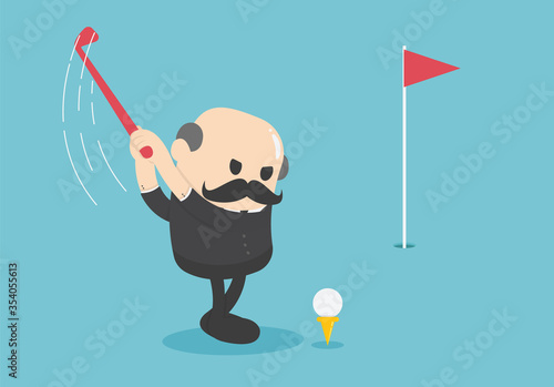 elderly businessman who is about to play golf with determination