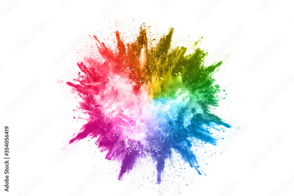 abstract powder splatted background. Colorful powder explosion on white background. Colored cloud. Colorful dust explode. Paint Holi.