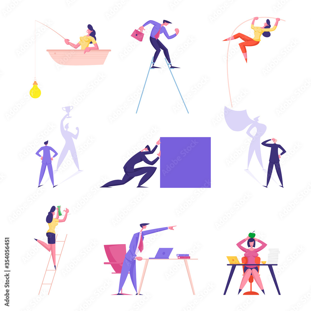 Set of Male and Female Business People Fishing with Light Bulb, Walking on Stilts, Characters Imagine Victory, Angry Boss Yelling. Men Women Isolated on White Background. Cartoon Vector Illustration