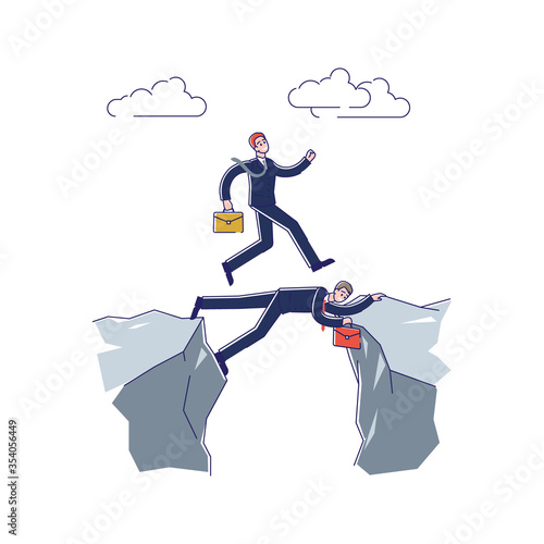 Business man use partner to pass gap. Crisis, partnership investment and finance support concept