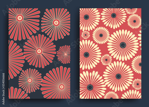 Dark blue and red Japanese and Chinese patterns with stylized flowers for the design of postcards, posters, envelopes, walls, paper. Vector