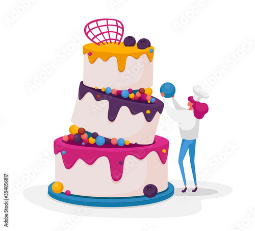 Tiny Confectioner or Baker Female Character in Chief Uniform and Toque Decorate Huge Festive Cake for Wedding or Birthday. Baker Cooking Pie with Cream, Mousse and Glaze. Cartoon Vector Illustration