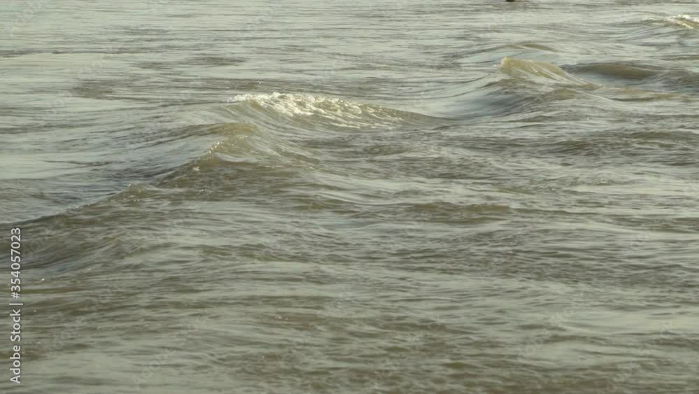 High angle panning slow motion shot of waves flowing in river - Vientiane, Laos High angle panning slow motion shot of waves flowing in river - Vientiane, Laos