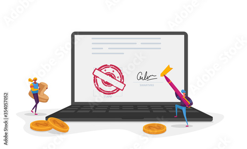 Electronic Contract or Digital Signature Concept. Businessman Character with Giant Pen Putting Name as Identification Form on Laptop Screen with Stamp on Document. Cartoon People Vector Illustration photo