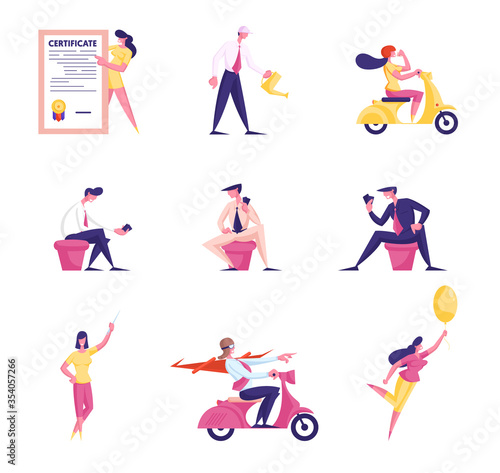 Set of Male and Female Business People with Certificate and Watering Can  Riding Scooter. Characters Playing Cards  Men and Women with Balloon Isolated on White Background. Cartoon Vector Illustration