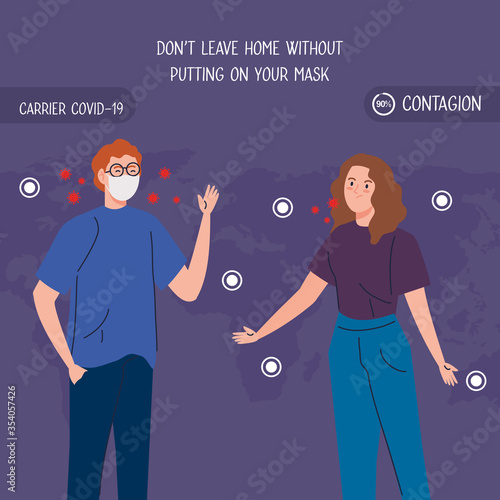 couple using protective surgical mask for covid 19 prevention vector illustration design