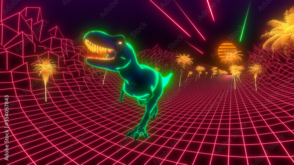 T-Rex dinosaur walks through a neon jungle. 80s retro style wallpaper background