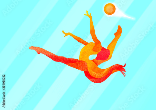Illustration. The figure of a gymnast girl. She is jumping with a flying ball.  Tiffany color background. gymnast`s colors are red and yellow. This is the basis for the invitation photo