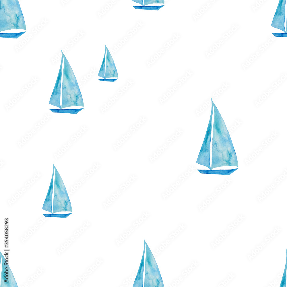Watercolor Painted Seamless Pattern With Sailboat