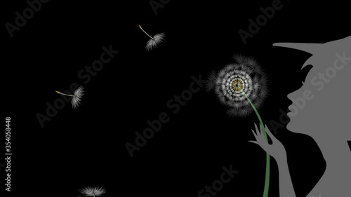 Animation. Graphic image of a girl and a plant called dandelion.
 A girl blows on a flower and the seeds fly apart.