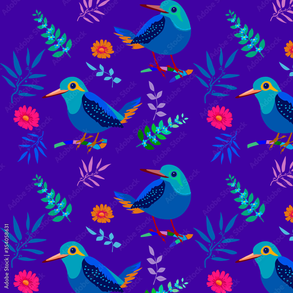 Bright pattern with birds leaves for children's clothing, children's room decoration Bright pattern with birds leaves for children's clothing, children's room decoration