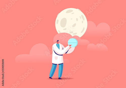 Tiny Doctor Male Character Carry Huge Blue Pill under Full Moon in Sky. Insomnia Treatment, Problem with Sleep. Medication Pharmaceutic Remedy for Good Dream at Night Time. Cartoon Vector Illustration