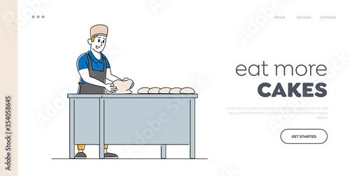 Bakery Factory and Food Production Landing Page Template. Baker Character Kneading Dough on Table for Baking Bread. Worker on Modern Confectionery or Baking Manufacture. Linear Vector Illustration