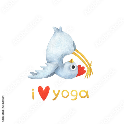Funny white chicken in yoga poses. A set of watercolor illustrations with a bird in Halasana (Plow Pose) and the text 