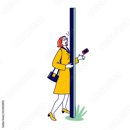 Thoughtless Female Character Bump into Pole on Street while using Smartphone. Human Carelessness, Harmful Gadget Impact Concept. Unmindful Woman Ignoring Danger on Road. Linear Vector Illustration