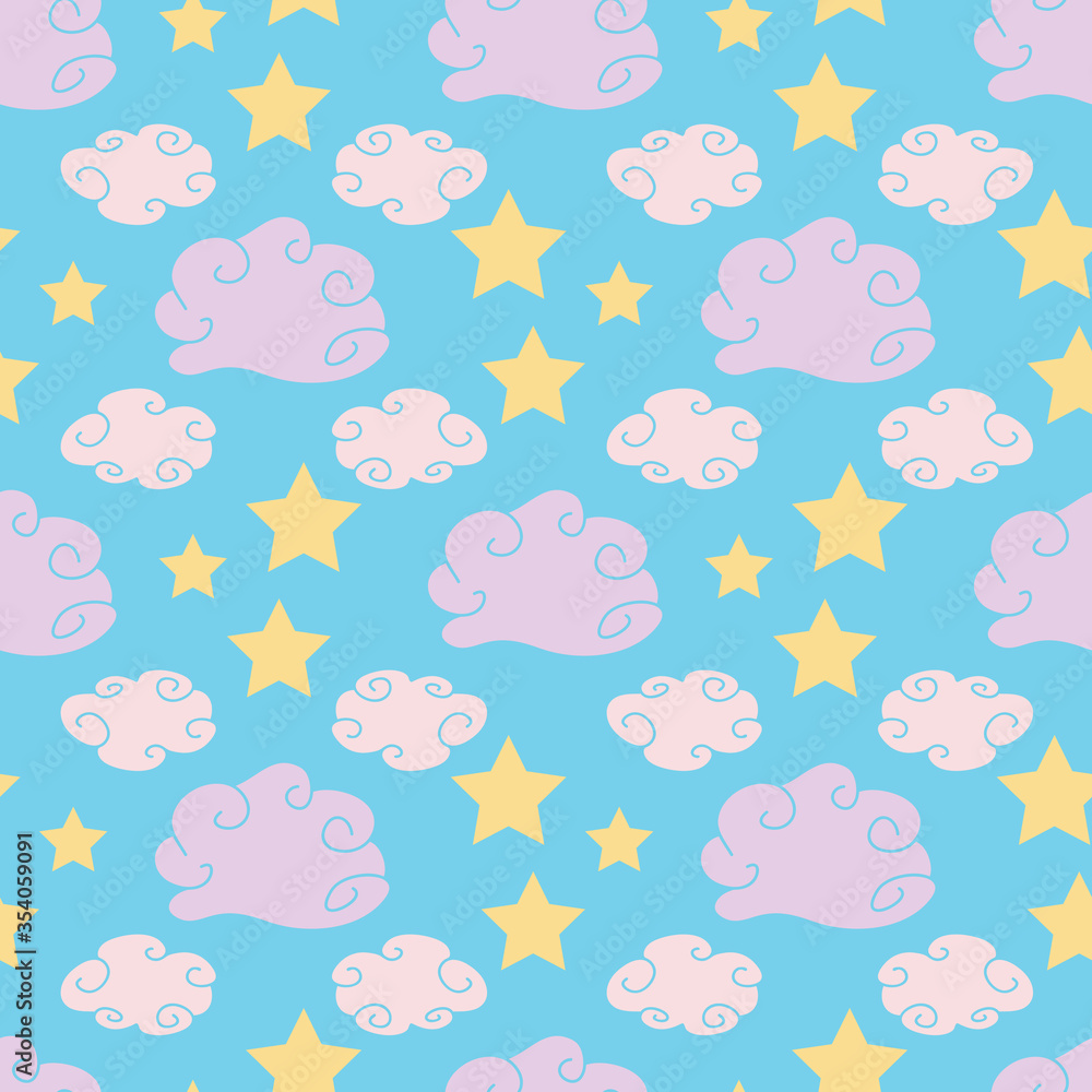 Cute repeat pattern pink clouds and stars on blue sky