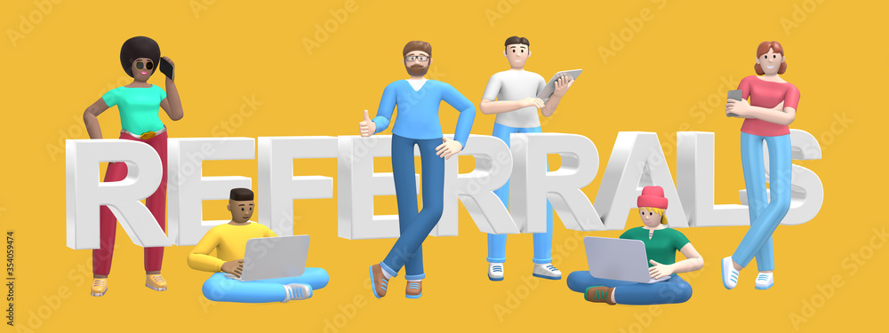 Group of young multiethnic successful people with laptop, tablet, phone and word referrals on yellow background. Horizontal banner cartoon character and text website slogan. 3D rendering. Group of young multiethnic successful people with laptop, tablet, phone and word referrals on yellow background. Horizontal banner cartoon character and text website slogan. 3D rendering.