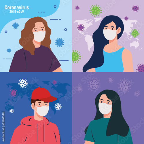 people using medical protective mask against coronavirus 2019 ncov vector illustration design