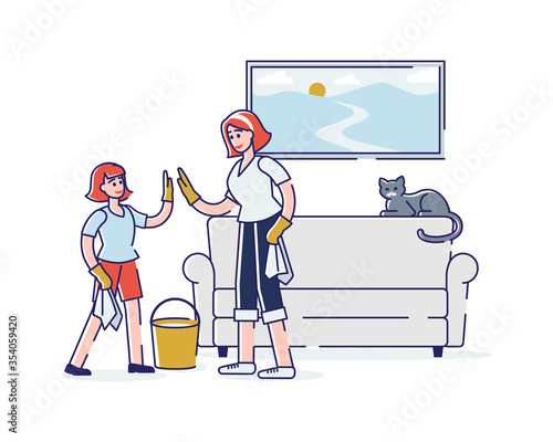 Happy mother and daughter cleaning room together wiping dust and moping