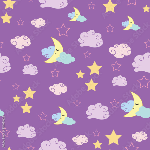 Cute repeat pattern of smiling moon  clouds and stars on purple background