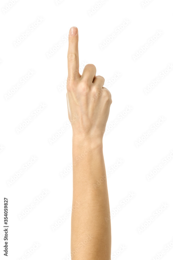 Number one. Woman hand gesturing isolated on white Number one. Woman hand gesturing isolated on white