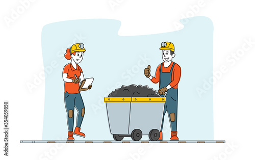 Miners at Work. Extraction Industry Profession, Working Occupation. Mine Inspector Character Writing Receiving Coal Batch Worker Bring in Trolley from Quarry. Linear People Vector Illustration