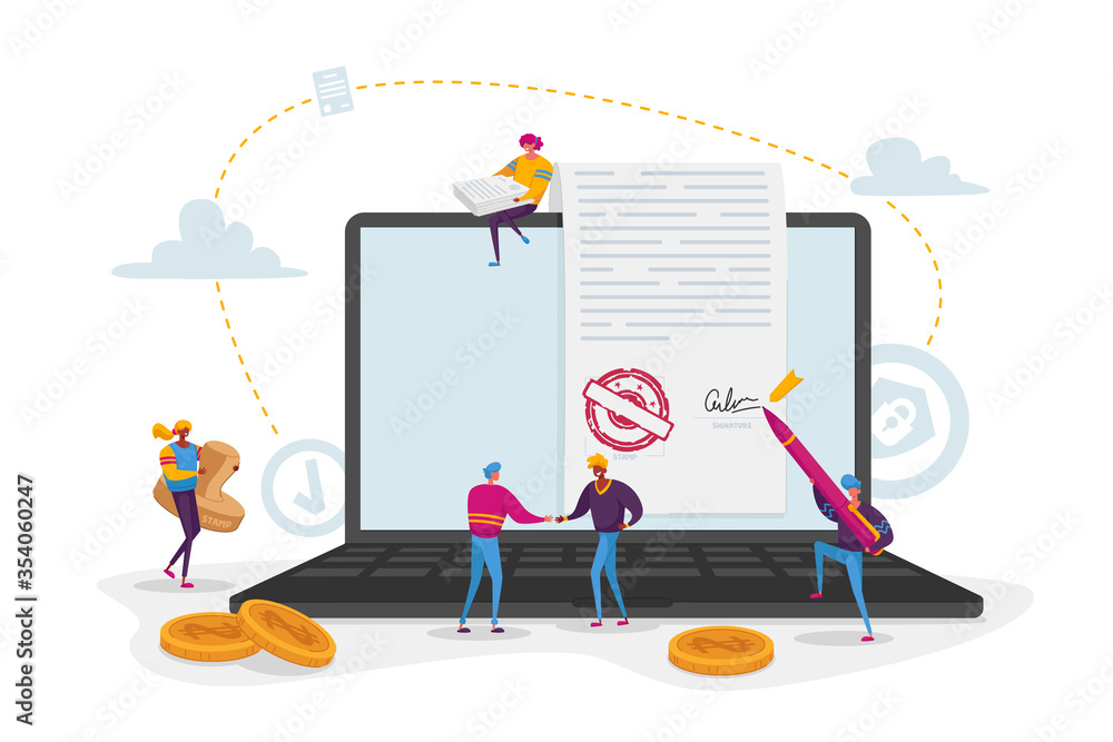 Tiny Male and Female Characters Signing Electronic Document Put Signature on Contract Page at Huge Laptop Screen. Business People Sign Official Paper, Formal Agreement. Cartoon Vector Illustration Tiny Male and Female Characters Signing Electronic Document Put Signature on Contract Page at Huge Laptop Screen. Business People Sign Official Paper, Formal Agreement. Cartoon Vector Illustration
