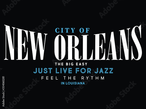 CITY OF NEW ORLEANS, varsity, slogan graphic for t-shirt, vector, with white text and black background