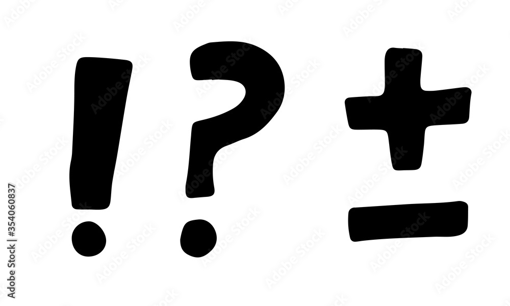 Hand drawn vector outline illustration of math icons. Plas, minus, exclamation, question marks. Handwritten special symbols Hand drawn vector outline illustration of math icons. Plas, minus, exclamation, question marks. Handwritten special symbols