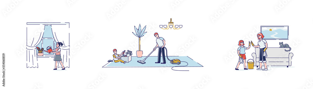 Fototapeta premium Set of cartoon characters cleaning house, vacuuming, watering plants and wiping dust
