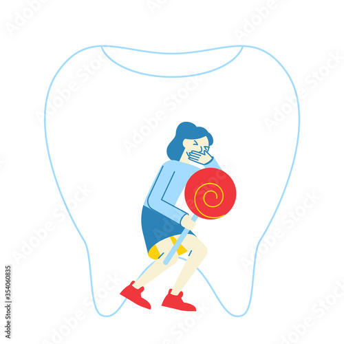 Little Girl with Lollipop Holding Cheek Feeling Terrible Pain in Tooth or Gum.Female Character Suffering of Toothache. Caries in Oral Cavity, Tooth Ache, Dentistry Concept. Linear Vector Illustration
