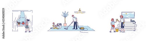 Set of cartoon characters cleaning house, vacuuming, watering plants and wiping dust