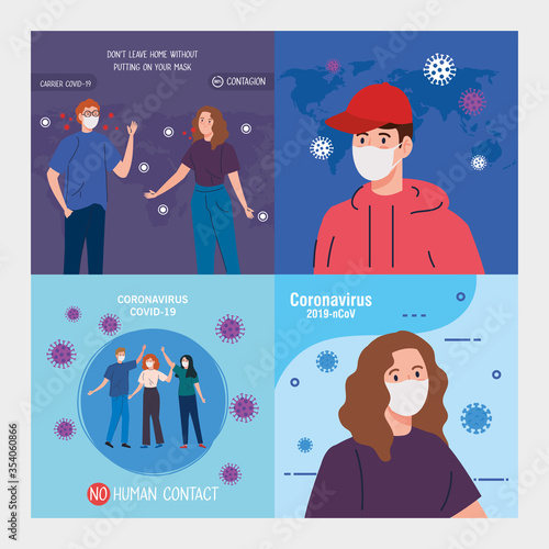 set scenes, no human contact campaign, people using face mask against coronavirus 2019 ncov vector illustration design