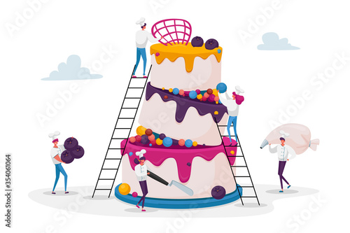 People Cook Festive Cake with Cream and Berries. Tiny Characters in Chef Uniform and Cap Decorating Huge Pie. Teamwork, Bakery, Giant Dessert for Birthday or Wedding. Cartoon Vector Illustration