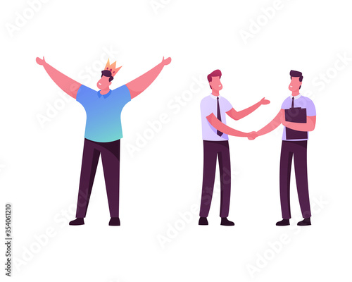 Happy Man in Crown on Head Rejoice with hands Up. Businessmen Characters Shaking Hands Isolated on White Background. Successful Leader Victory, Business Meeting. Cartoon People Vector Illustration