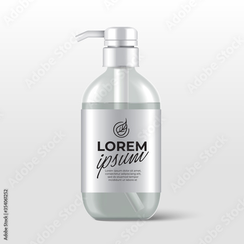 Realistic plastic bottles with pump dispenser for skincare product : shower gel, shampoo, cream or lotion : Vector Illustration