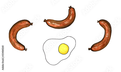 Hand drawn marker food illustration. Fried egg and three sausages isolated on white background. Healthy breakfast in the morning. Egg white and round yellow yolk. Cooking concept