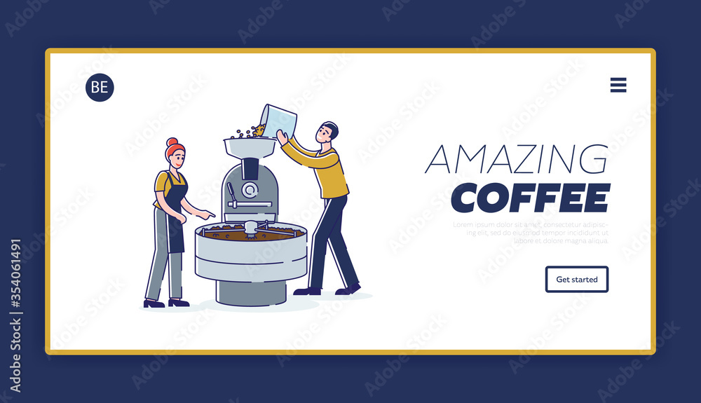 Aroma coffee preparation roasting beans stage. Template landing page design