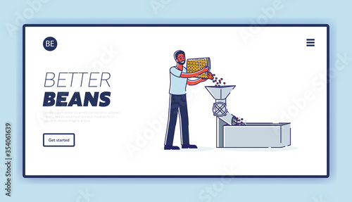 Coffee grinder process for coffeehouse or cafe website landing page. Milling of fresh roasted beans