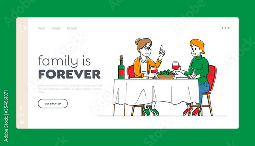 Female Characters Chatting, Having Feast Leisure, Sparetime Landing Page Template. Women Sitting at Table with Food Drinking Beverages and Communicating at Home. Linear People Vector Illustration