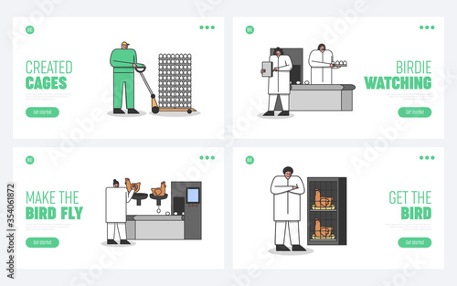 Set of landing pages for poultry farm industry with cartoon workers on breeding process