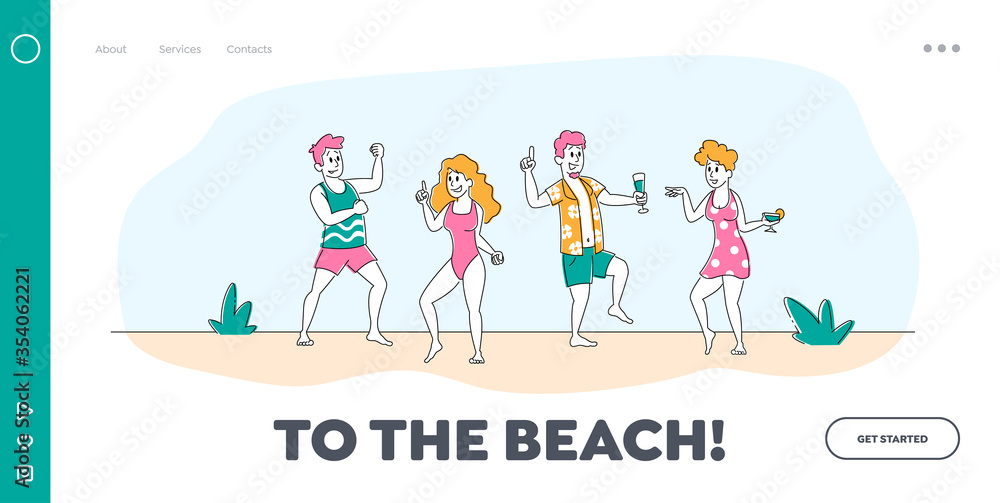 Discotheque at Tropical Resort Landing Page Template. Young People Characters Dancing and Drinking on Seaside at Summer Time Beach Party with Playing Modern Music. Linear People Vector Illustration