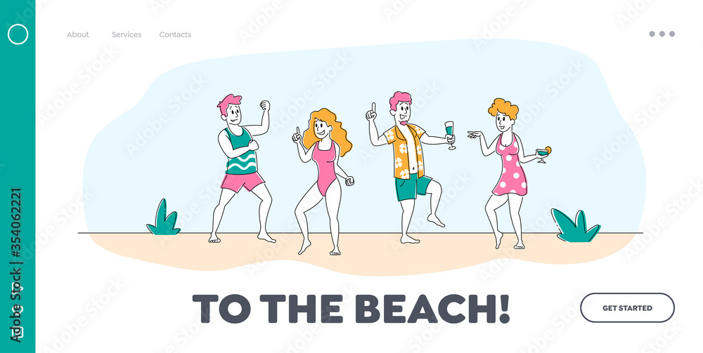 Discotheque at Tropical Resort Landing Page Template. Young People Characters Dancing and Drinking on Seaside at Summer Time Beach Party with Playing Modern Music. Linear People Vector Illustration Discotheque at Tropical Resort Landing Page Template. Young People Characters Dancing and Drinking on Seaside at Summer Time Beach Party with Playing Modern Music. Linear People Vector Illustration