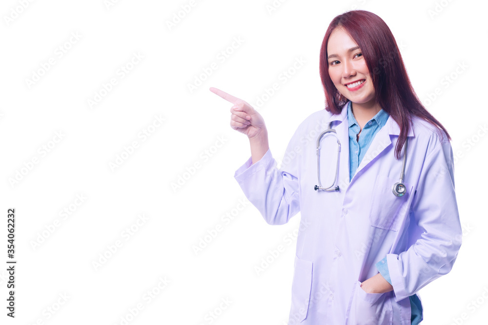 Professional doctor young woman wear white coat with stethoscope pointing her finger to something while standing on isolated white background. Professional doctor young woman wear white coat with stethoscope pointing her finger to something while standing on isolated white background.