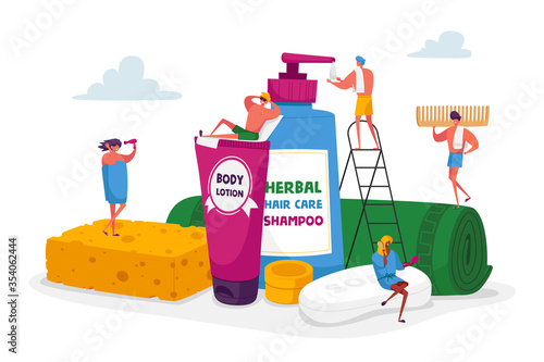 People in Bathroom Concept. Tiny Male and Female Characters Washing and Taking Bath among Huge Cosmetics Bottles Soap Shampoo Sponge and other Tools. Spa Hygiene Procedure. Cartoon Vector Illustration
