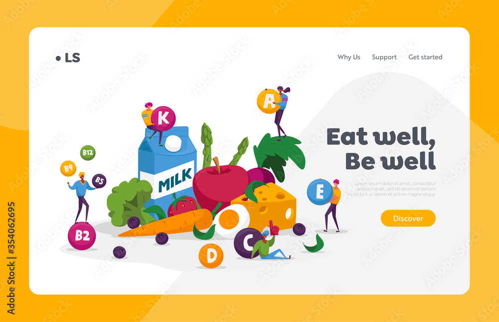 Fototapeta premium Characters Healthy Lifestyle, Organic Food Choice, Vitamins in Products Landing Page Template. Fruits, Vegetables, Cheese, Milk and Eggs Source of Energy and Health. Cartoon People Vector Illustration